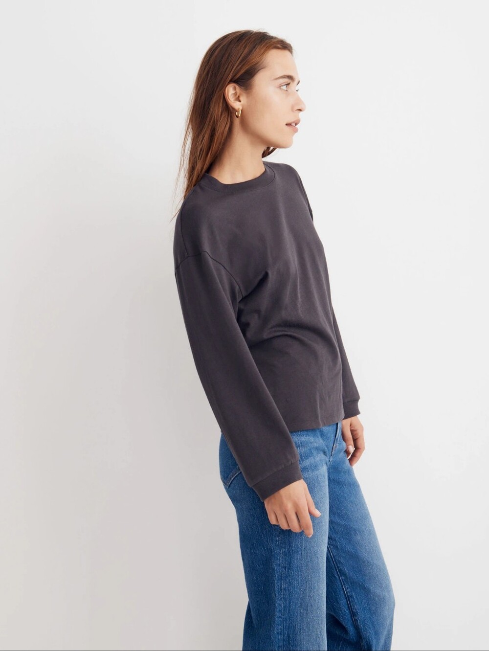 Madewell Supima Cotton Essential Long Sleeve Tee Shirt top Coal Black Gray Small